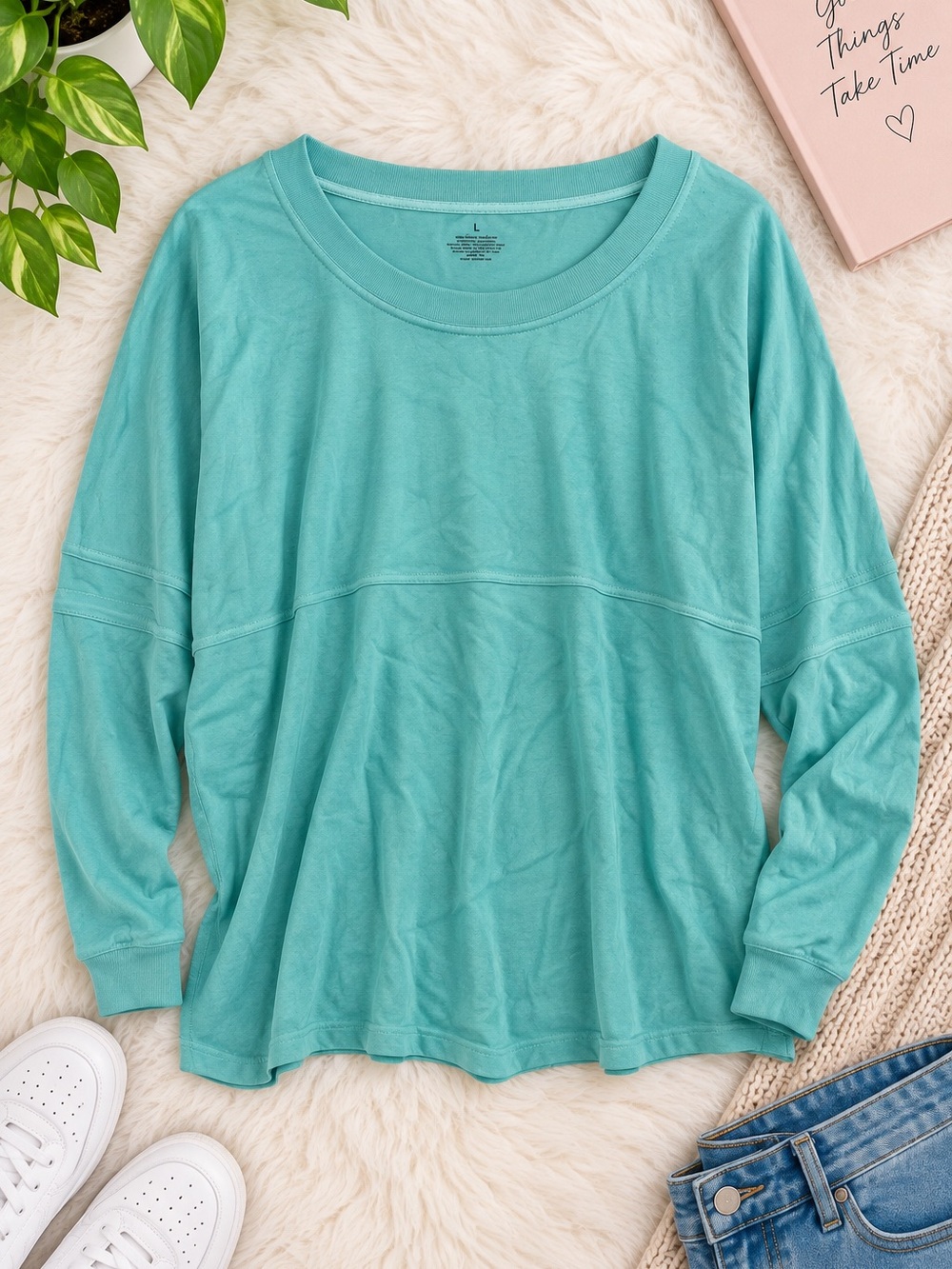 Boxercraft Large Aqua Blue Oversized Long Sleeve Pocket Tee